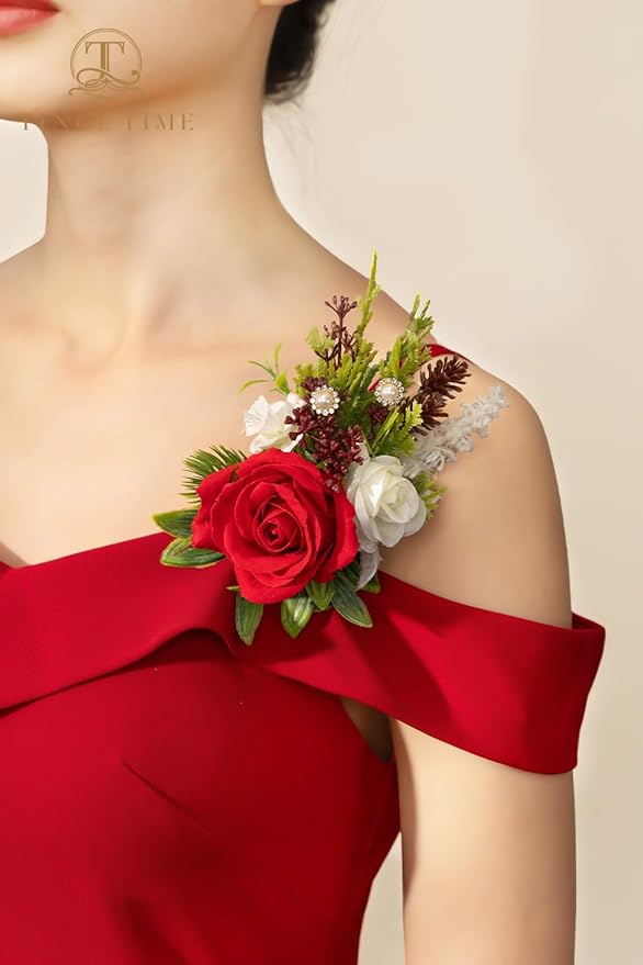 TINGE TIME Red Corsage and Boutonniere Set, Prom Flower Wrist Corsage Bracelets, Boutonniere for Men Wedding Flowers Accessories Prom Suit Decorations