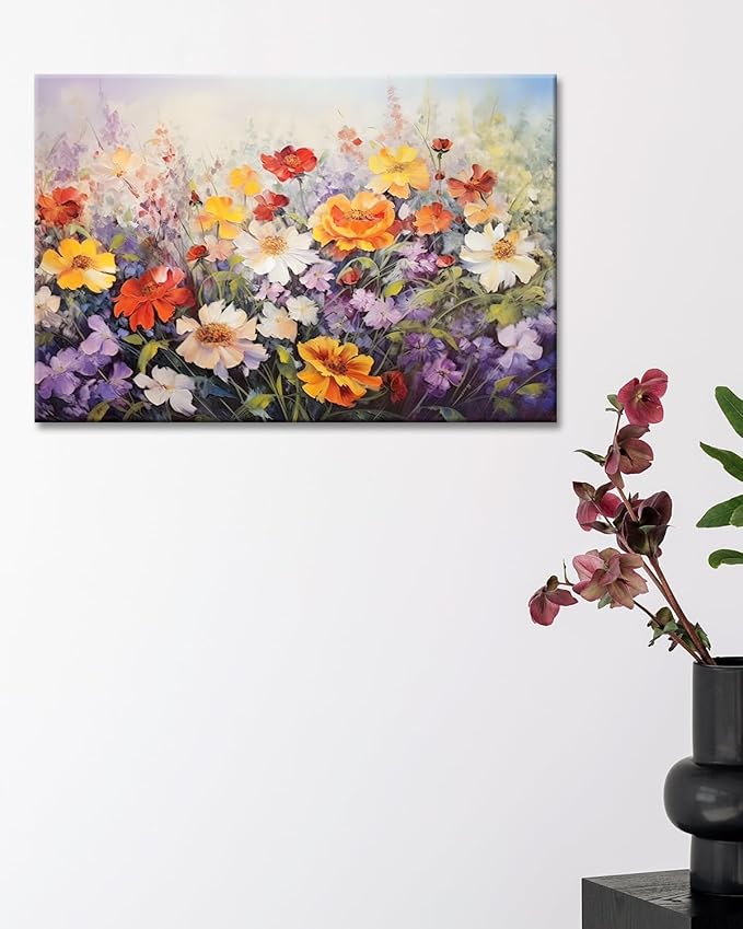GLOKAKA Flowers Wall Art Colorful Landscape Lush Wildflowers Painting Print on Canvas Purple Yellow Floral Daisy Flower Picture for Home Bedroom Office Decor (Lush Flowers, 18"x12")