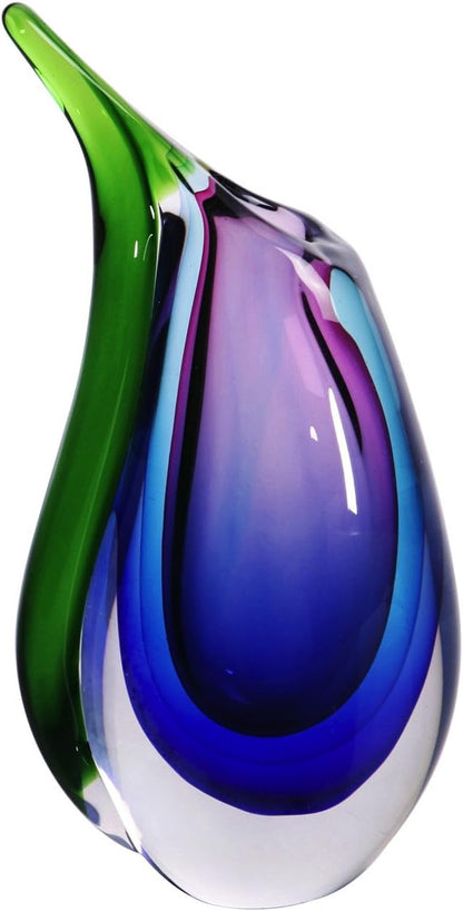 Luxury Lane Hand Blown Multicolor Sommerso Teardrop Art Glass Vase for Decor 9.5 inch Tall Centerpiece Table Decoration
