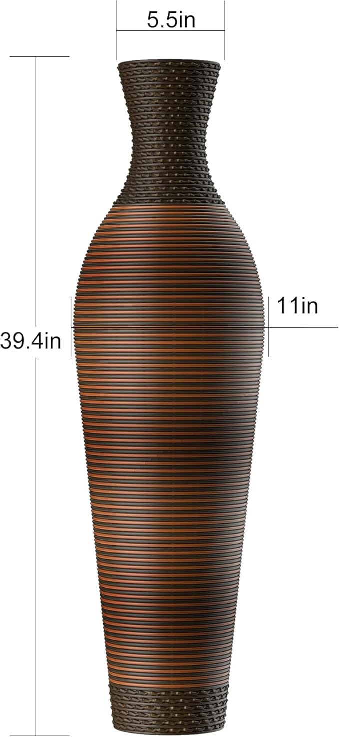 Large Hand-Woven Bamboo Floor Vase, Tall Home Decor Floor Vase for Fake Flower Dried, PVC Decorative Flower Holder for Living Room, Bedroom, Dining Room, Entryway, Hallway