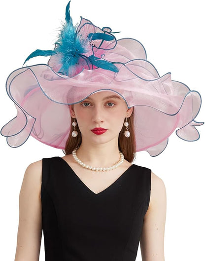 Organza Derby Hats for Women Wide Brim Fascinator Hat Rose Flower Wedding Tea Party Hat