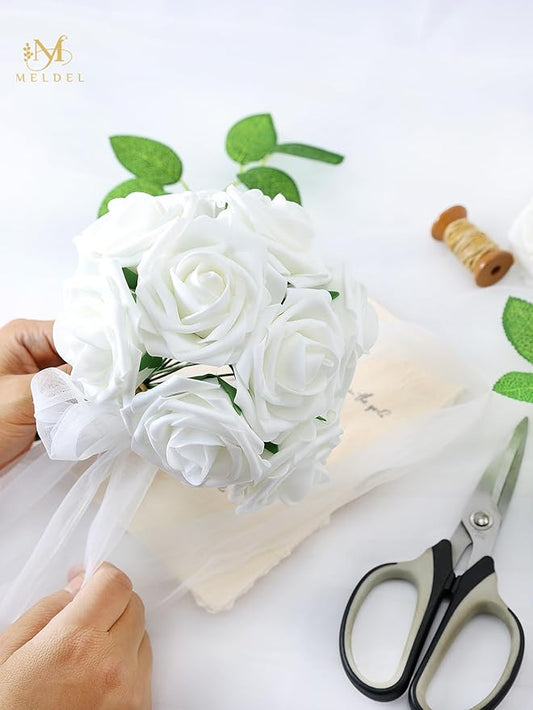 Meldel Artificial Flower 25pcs Real Touch Ivory Fake Foam Roses with Stems for DIY Wedding Bouquets Gifts White Bridal Shower Faux Floral Centerpieces Arrangements Home Party Tables Decorations