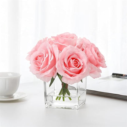 7 Large Stem Pink Rose Artificial Flowers in Vase, Fake Rose with Fake Flowers in Vase for Home Decor, Wedding Table (Pink)