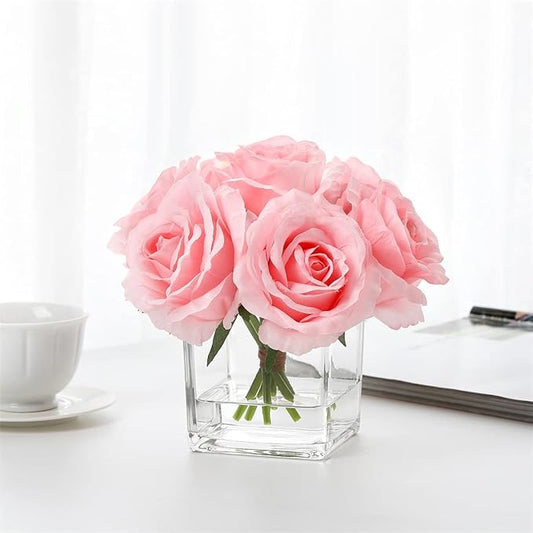 7 Large Stem Pink Rose Artificial Flowers in Vase, Fake Rose with Fake Flowers in Vase for Home Decor, Wedding Table (Pink)