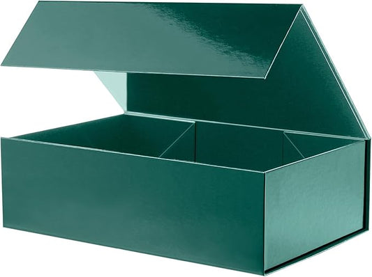 Christmas Large Gift Box with Lid 13.5x9x4.1 Inches, Green Groomsman Proposal Gift Box with Magnetic Closure for All Occasion (Glossy Green)