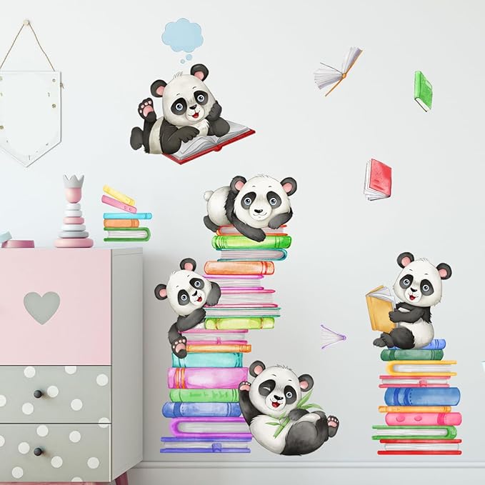 Panda Wall Decals Animals Reading Books Wall Stickers for Baby Nursery Kids Bedroom Classroom Wall Decorations