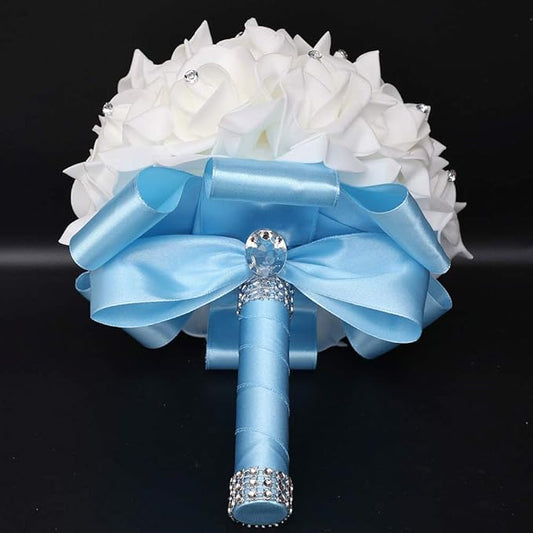 Wedding Bouquet, Blue Bouquet for Bride Bridesmaid with Diamond Soft Ribbons, Artificial Rose Bridal Holding Flowers for Party Church