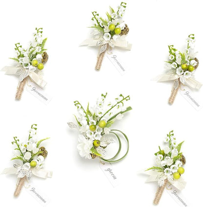 Ling's moment Boutonniere for Men, 6pcs Groom Groomsmen Boutonniere, Artificial Flowers for Wedding Decor/Prom/Homecoming, etc.White Lily & Olive