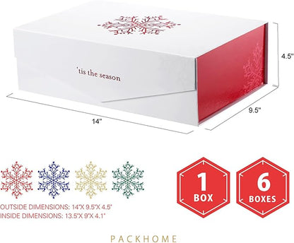 PACKHOME 6 Large Christmas Gift Boxes with Lids 13.5x9x4.1 Inches, Sturdy Collapsible Gift Boxes with Magnetic Closure (Red Snowflake Pattern)