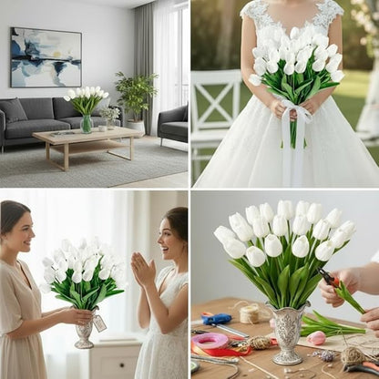 White Faux Tulips (20 Pcs) - Premium PU Artificial Flowers for Christmas & Thanksgiving Table Setting, Winter DIY Home Decor - 13.5" Real Touch