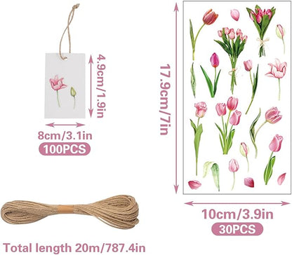 100 Pcs Blank Gift Tags with Floral Stickers and Jute Rope, 2 x 3 in Elegant Watercolor Floral Theme 5 Flower Designs DIY Gift Tags for Wedding Christmas Party Favor Bridal Shower Birthday