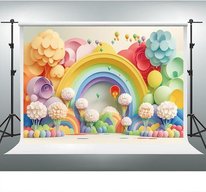 YongFoto Paper Flowers Backdrop 8x6ft Colorful Cut Paper Floral Blossom Rainbow Arch Hot Air Balloon Honeycomb Ball Photography Background Lovely Party Banner Home Decor Photo Studio Booth Props