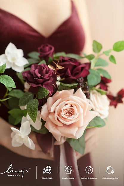 Ling's moment Artificial Flowers Red Bridesmaid Bouquet Set of 6, Red & Blush Wedding Flowers Bouquets for Bridesmaids, 7 Inch Bridal Bouquets for Bridesmaids, Wedding Decor, Anniversary, etc