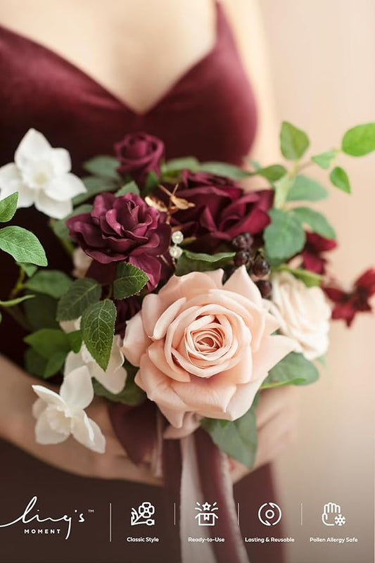 Ling's moment Artificial Flowers Red Bridesmaid Bouquet Set of 6, Red & Blush Wedding Flowers Bouquets for Bridesmaids, 7 Inch Bridal Bouquets for Bridesmaids, Wedding Decor, Anniversary, etc