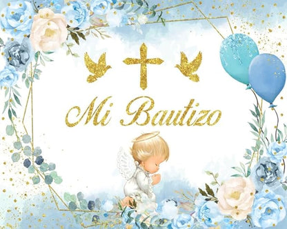 ChloropLastid Mi Bautizo Photography Backdrop 10x8ft Boho First Holy Communion Christening Background for Boy Blue Floral Bless Newborn Baby Shower Photo Booth Props