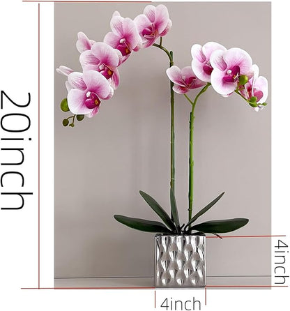 Artificial Orchid with Silver Vase, 20 Inch Purple Heart White Flowers, Indoor Home Decor