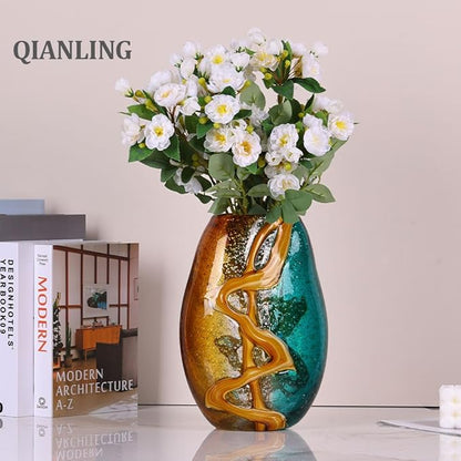 9.8" Hand-Blown Colorful Glass Vase - Green, Blue, Amber, Burnt Orange Decorative Vase for Home Decor - Modern Blue Green Glass for Centerpieces, Weddings, Living Room, Kitchen, Dining, Bedroom Decor