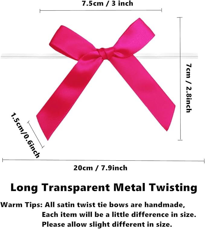 50 PCS 3 Inch Twist Bows for Treat Bags, Satin Twist Tie Bows, Pre Tied Bows with Wire, Ribbon Bows with Twist Ties, Bow Ties for Gift Bags, Popcorn Bags, Cookie Bags, Party Favors (Hot Pink)