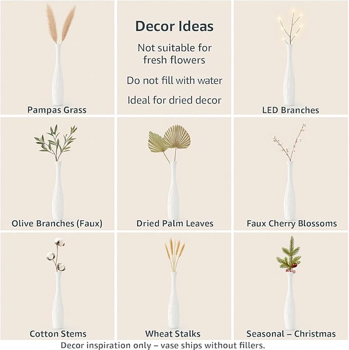 Leewadee Large White Home Decor Floor Vase - Wooden 34 inch Tall Farmhouse Decor Flower Holder for Fake Plant and Pampas Grass