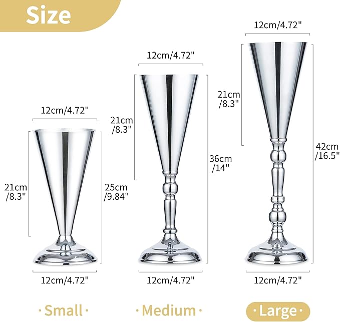 2 Pcs Tabletop Silver Metal Wedding Flower Trumpet Vase, 16.5 inch Table Decorative Centerpiece Artificial Flower Arrangements for Anniversary Ceremony Party Birthday Event Aisle Home Decoration