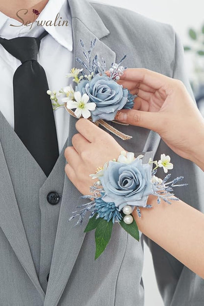 Serwalin Corsage and Boutonniere Set, Boutonniere and Wrist Corsage Wristlet Prom Homecoming Wedding Flowers Accessories Prom Suit Decorations (Blue & Dusty Blue)