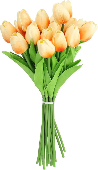 uxcell 20pcs Tulips Artificial Flowers, Faux Flowers Silk Fake Tulip Stems Real Touch for Wedding Bouquet Centerpiece Table Party Decoration(Champagne)