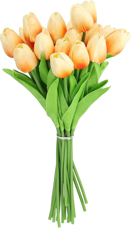 uxcell 20pcs Tulips Artificial Flowers, Faux Flowers Silk Fake Tulip Stems Real Touch for Wedding Bouquet Centerpiece Table Party Decoration(Champagne)