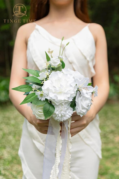 TINGE TIME 7" Bridesmaid Bouquet Set of 4, Wedding Bouquets for Bridesmaid, Perfect for Wedding Bouquets for Bride, Ideal for Bridal Shower, Rehearsal Dinner, Vintage Party (IvoryWhite)