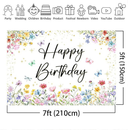 Mocsicka Wildflower Birthday Backdrop Girls Floral Wildflower Birthday Decorations Spring Garden Butterfly Flower First Birthday Banner Background Decorations (7x5ft (82x60 inch))