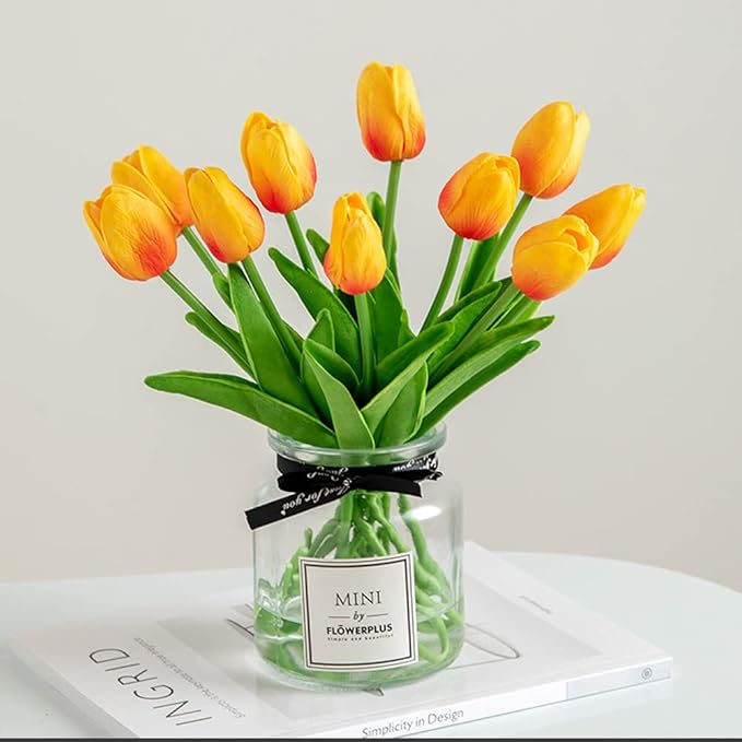 30 Pcs Fake Latex Tulips Artificial Flowers Faux Tulip Stems Real Touch Tulips for Wedding Party Home Decoration (Sunset)