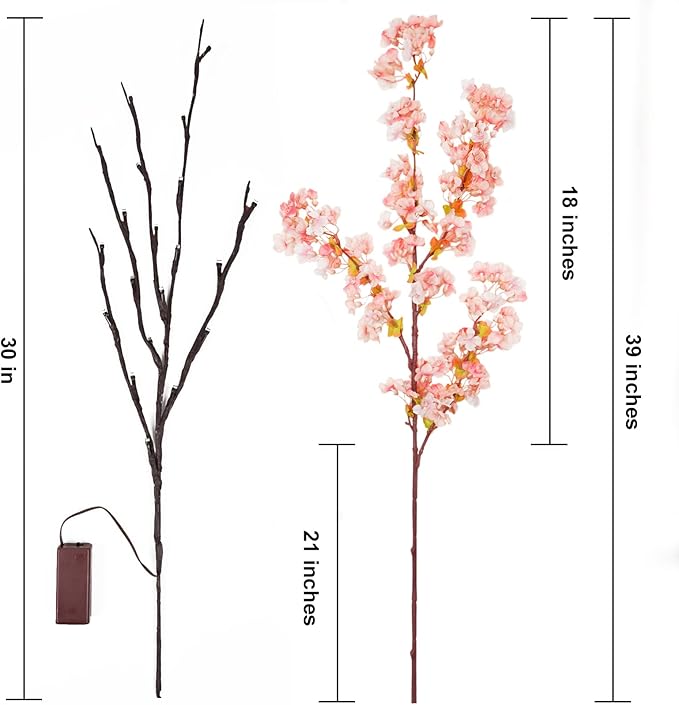 Sunm Boutique 3 PCS Silk Cherry Blossom Branches - Lighted Brown Twig Branches, Artificial White Flower Stems, 39'' Faux Tree for Wedding Home Decor
