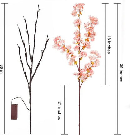 Sunm Boutique 3 PCS Silk Cherry Blossom Branches - Lighted Brown Twig Branches, Artificial White Flower Stems, 39'' Faux Tree for Wedding Home Decor