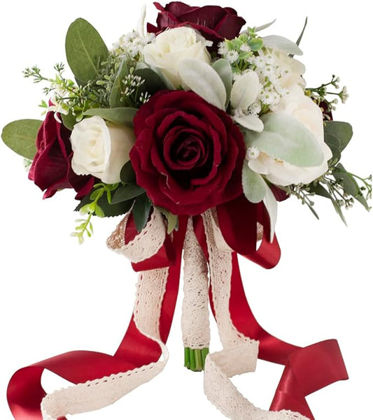 Burgundy & White Wedding Bouquets for Bride Bridesmaids, Bridal Bouquet for Wedding Silk Artificial Flowers