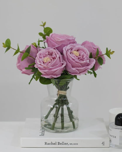 Artificial Flowers with Pinkish-Purple Peonies in Vase, Fix Lifelike Fake Flowers in a Vase with Artificial Water, Faux Flower Arrangements for Dining Table Centerpiece Decor