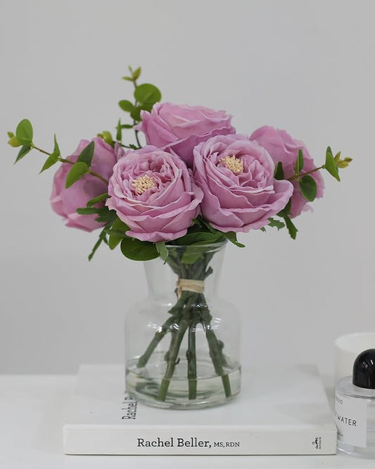 Artificial Flowers with Pinkish-Purple Peonies in Vase, Fix Lifelike Fake Flowers in a Vase with Artificial Water, Faux Flower Arrangements for Dining Table Centerpiece Decor