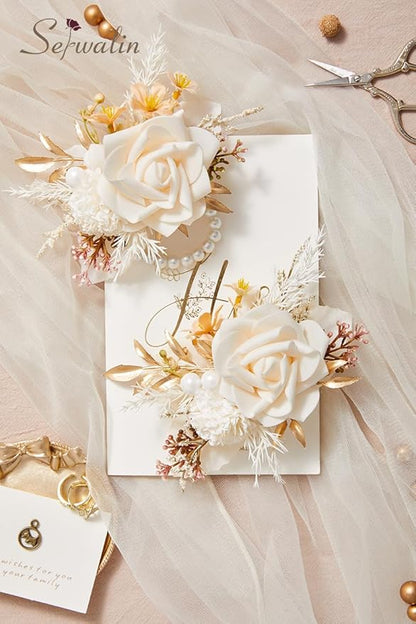Serwalin Champagne Corsage and Boutonniere Set 𝟮𝙥𝙘𝙨, 𝟲-𝟳 𝙄𝙣𝙘𝙝 Boutonniere and Wrist Corsage Wristband Prom Flower Wedding Flowers Accessories Prom Suit Decorations Cake Topper