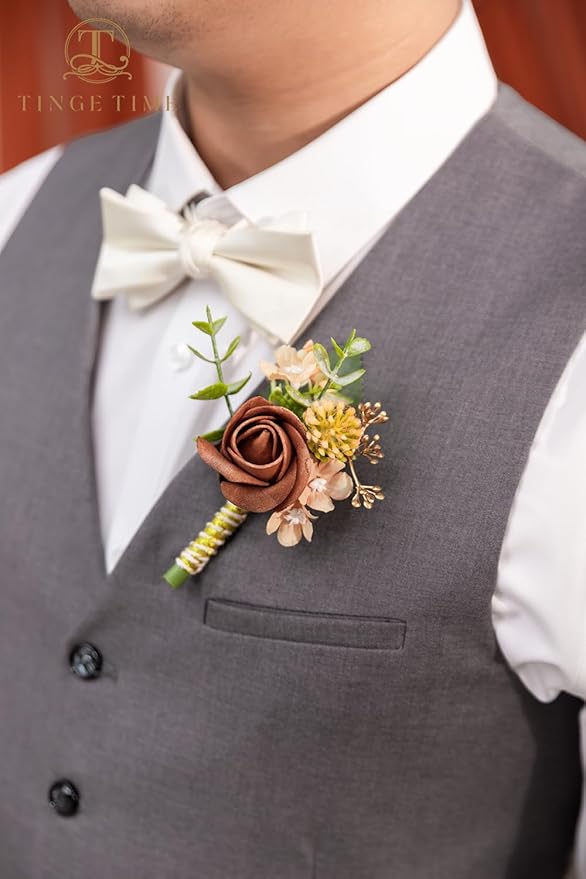 TINGE TIME Boutonniere for Men, Groom and Best Man Boutonniere for Wedding Ceremony Anniversary, Formal Dinner Party and Rustic Fall Wedding Marriage (Terracotta)
