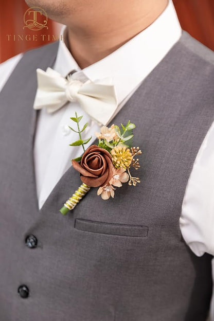 TINGE TIME Boutonniere for Men, Groom and Best Man Boutonniere for Wedding Ceremony Anniversary, Formal Dinner Party and Rustic Fall Wedding Marriage (Terracotta)
