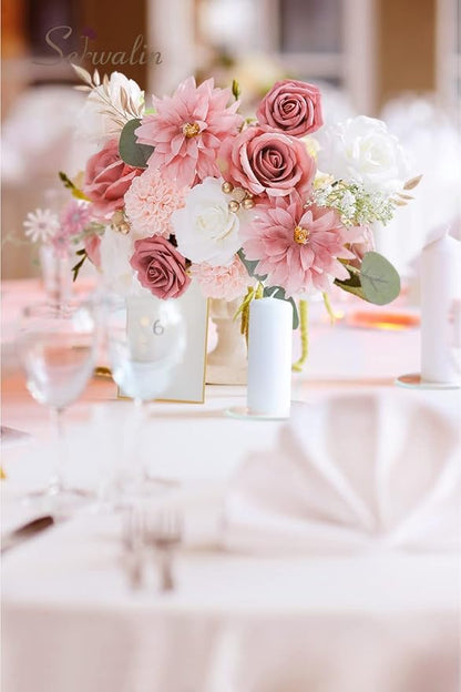 Serwalin Artificial Flowers Wedding Pink Flowers Silk Fake Dahlia Cake Flowers for Wedding Bouquets Table Centerpieces Birthday Party Bridal Baby Shower Home Decorations