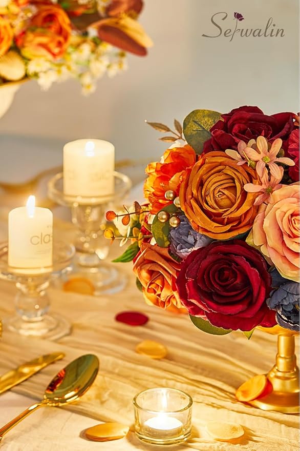 Serwalin Artificial Fall Flowers Orange Burgundy Silk Flowers Wedding Flowers Combo for Cake Home Party Decoration, Fake Flowers for Bridal Bouquets Floral Arrangements