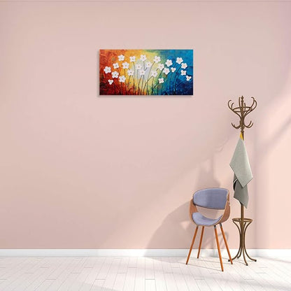 Yihui Arts Hand Painted Textured Flower Oil Painting on Canvas - Colorful Abstract White Floral Wall Art for Living Room, Bedroom, Modern Home Decor