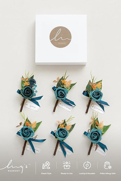 Ling's moment Boutonniere for Men, 6pcs Groom Groomsmen Boutonniere, Artificial Flowers for Wedding Decor/Prom/Homecoming, etc.Dark Teal Burnt Orange