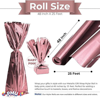 PMU Gift Wrap Mylar Roll Metallic Baby Pink 2-sided, 48 Inches X 25 Ft Roll 1.4 Mil Highly Reflective Mylar Film, Great for Gifts, Birthdays, Christmas, Baskets, Arts & Crafts
