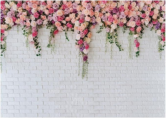 7x5ft White Brick Wall Floral Backdrop with Hanging Flowers – Spring Garden Photo Backdrop for Bridal Shower, Baby Shower, Birthday Party, Wedding Photography Decoration 134