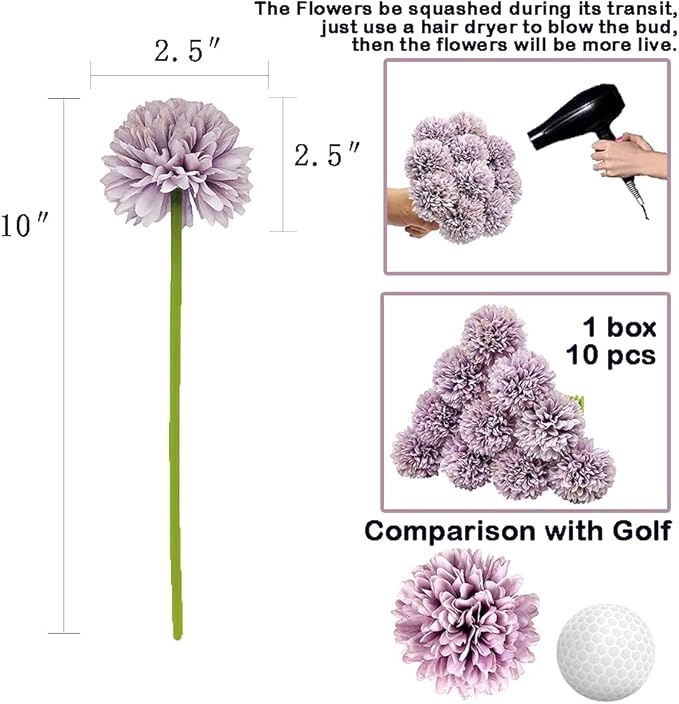 10Pcs Artificial Fake Flower Plants Silk Chrysanthemum Ball Hydrangea Arrangements Wedding Bouquets Decor Home Kitchen Garden Party Table Floral Centerpieces DIY (Grey Purple)