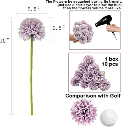 10Pcs Artificial Fake Flower Plants Silk Chrysanthemum Ball Hydrangea Arrangements Wedding Bouquets Decor Home Kitchen Garden Party Table Floral Centerpieces DIY (Grey Purple)