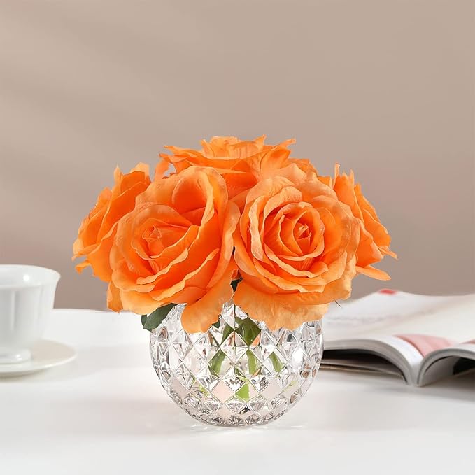 7 Large Stem Orange Rose Artificial Flowers in Vase, Silk Flowers Arrangement in Round Glass Vase Without Water for Home Decor, Wedding Table (Orange)