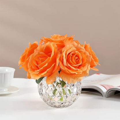 7 Large Stem Orange Rose Artificial Flowers in Vase, Silk Flowers Arrangement in Round Glass Vase Without Water for Home Decor, Wedding Table (Orange)