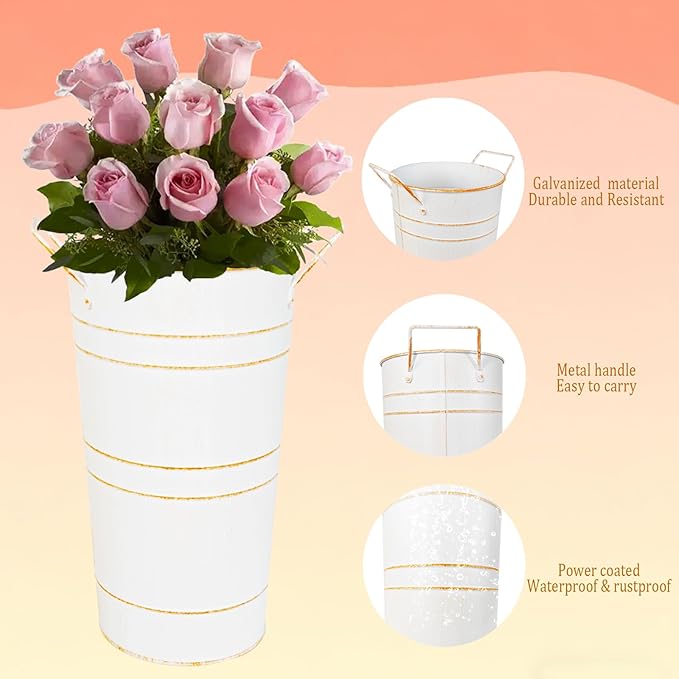 10" Tall Flower Buckets Metal Vase - Pack of 2 Rustic Farmhouse Centerpiece Vases for Table with Handles, Wedding Home Table Decor, Farmhouse White Flower Bar Bucket Holder