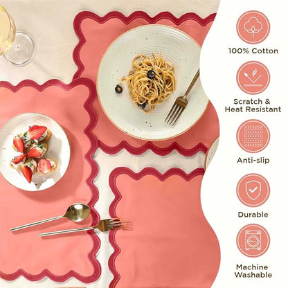 Folkulture Christmas Placemats Set of 4, 13 x 19 Inches 100% Cotton Boho Place Mats or Heat Resistant Table Mats for Dining Table Decor, Scalloped Kitchen Mats or Farmhouse Table Place Mats (Red)